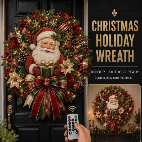 Lighted Seasonal Door Wreath with Remote Control, Christmas Santa Themed Door Wall Decor, Indoor & Outdoor Porch Display, Housewarming Gift for Family
