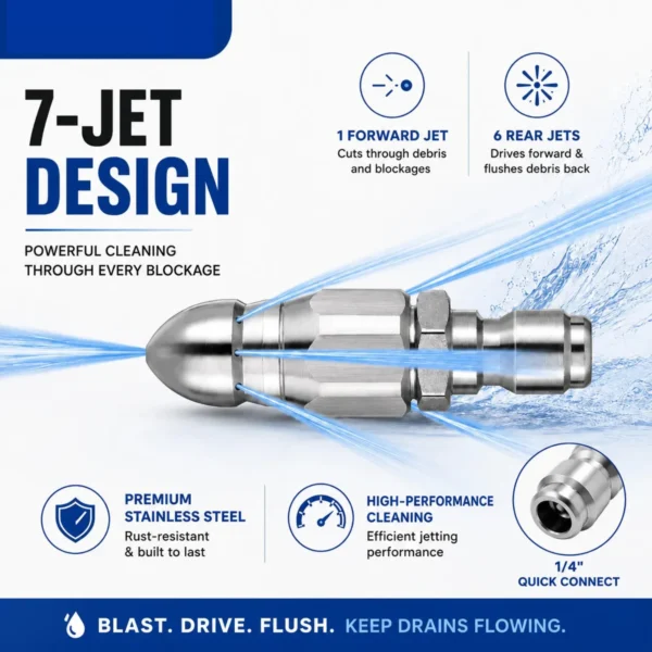 Stainless Steel Sewer Jetter Nozzle – 1/4′ Quick Connect Drain Cleaning Attachment for Pressure Washers